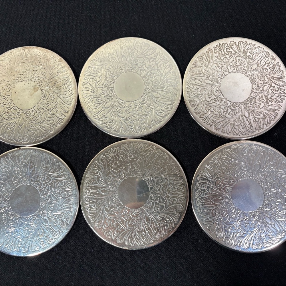 Silver Plated Vintage Coaster Set of 6 Floral Embossed Design